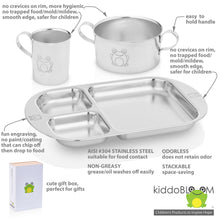 Load image into Gallery viewer, Kiddoblom stainless steel cup with handle, stainless steel bowl with handles, and stainless steel divided plate have smooth edges and reflective finish.