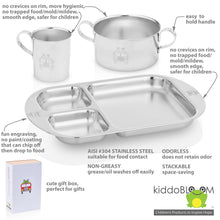 Load image into Gallery viewer, Kiddobloom fire truck stainless steel baby cup, bowl, and divided plate with smooth edges and luxurious mirror finish. The dinnerware set is packed inside a eco-friendly gift box made from recycled paper.