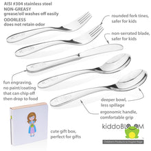 Load image into Gallery viewer, Features of safe stainless steel utensils for kids and toddlers: smooth edge, no sharp edge, no sharp point