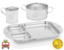 Load image into Gallery viewer, Kiddobloom fire truck stainless steel kids open cup, bowl with handles, and divided plate with smooth edges and luxurious mirror polish. It has Mom's choice awards seal.