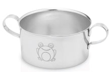 Load image into Gallery viewer, stainless steel baby bowl with two handles and frog engraving on the sides.
