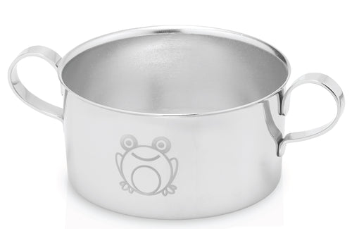 stainless steel baby bowl with two handles and frog engraving on the sides.