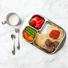 Load image into Gallery viewer, Spaghetti with meatballs and tomato sauce with carrot slices, sugar snap peas, and strawberry slices are served on a Kiddobloom kids stainless steel divided plates. Kiddobloom baby safe spoon and fork are place on the left corner. A cup of milk is served inside a Kiddobloom baby stainless steel cup. 
