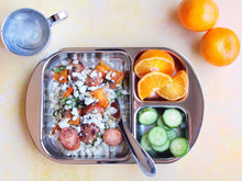 Load image into Gallery viewer, Baby stainless steel divided tray filled with sausage rice pilaf, orange slices, and cucumber slices, A Kiddobloom stainless steel baby cup is placed on the left side of the  stainless steel baby tray.
