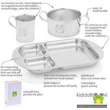 Load image into Gallery viewer, Kiddoblom stainless steel cup with handle, stainless steel bowl with handles, and stainless steel divided plate have smooth edges and reflective finish.

