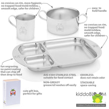 Load image into Gallery viewer, Kiddobloom fire truck stainless steel baby cup, bowl, and divided plate with smooth edges and luxurious mirror finish. The dinnerware set is packed inside a eco-friendly gift box made from recycled paper.
