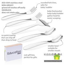 Load image into Gallery viewer, Baby stainless steel utensil set with smooth edge. The set contains two forks, two spoons, and a food pusher.
