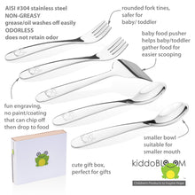 Load image into Gallery viewer, Baby stainless steel forks, spoons, and a food pusher.  They have smooth edge without sharp edge or sharp point.  
