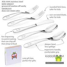 Load image into Gallery viewer, KIddobloom fire truck kids safe stainless steel utensils featuring rounded fork tines, deep spoon bowl,  and a blunt butter knife.  All edges are smooth.  The utensil handles have fire truck engravings.
