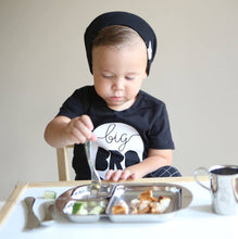 Load image into Gallery viewer, A toddler boy eats chicken and cucumber  with a stainless steel  toddler fork from a stainless steel divided plate. A stainless steel cup is placed on the side.
