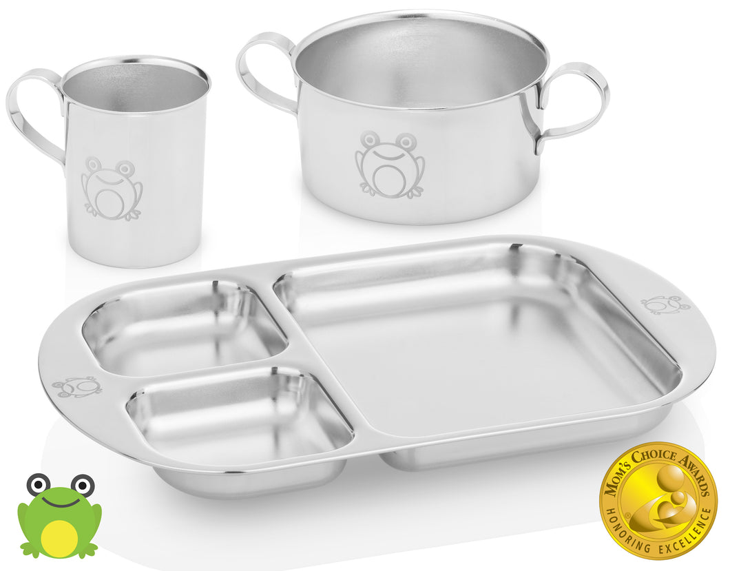 Award winning Kiddobloom stainless steel dinnerware set consists of a stainless steel cup, a stainless steel bowl, and a stainless steel divided plate. 