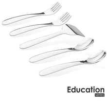 Load image into Gallery viewer, Montessori education stainless steel baby forks, stainless steel baby spoons, and a stainless steel baby butter spreader in mirror finish or reflective silver color
