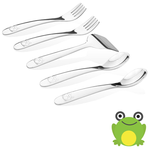 Safe stainless steel utensils for baby and toddler in frog model. Each set contains  two baby spoons, two baby forks,  and a baby food pusher.