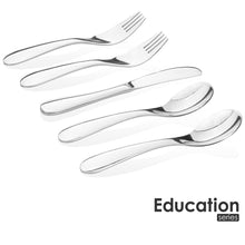 Load image into Gallery viewer, Toddler safe stainless steel  silverware in Montessori education model contains two pieces of toddler spoons, two pieces of toddler forks, and a butter knife or spreader. Mirror finish stainless steel 304 or 18/8.
