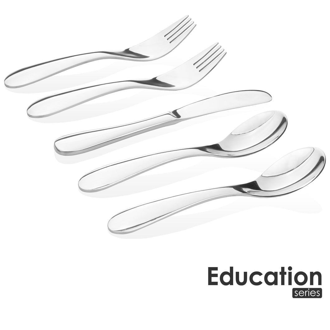 Toddler safe stainless steel  silverware in Montessori education model contains two pieces of toddler spoons, two pieces of toddler forks, and a butter knife or spreader. Mirror finish stainless steel 304 or 18/8.