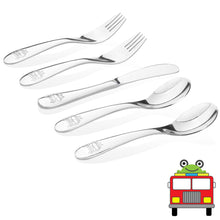 Load image into Gallery viewer, Fire truck flatware set consists of two fire truck forks, two fire truck spoons, and a fire truck butter knife
