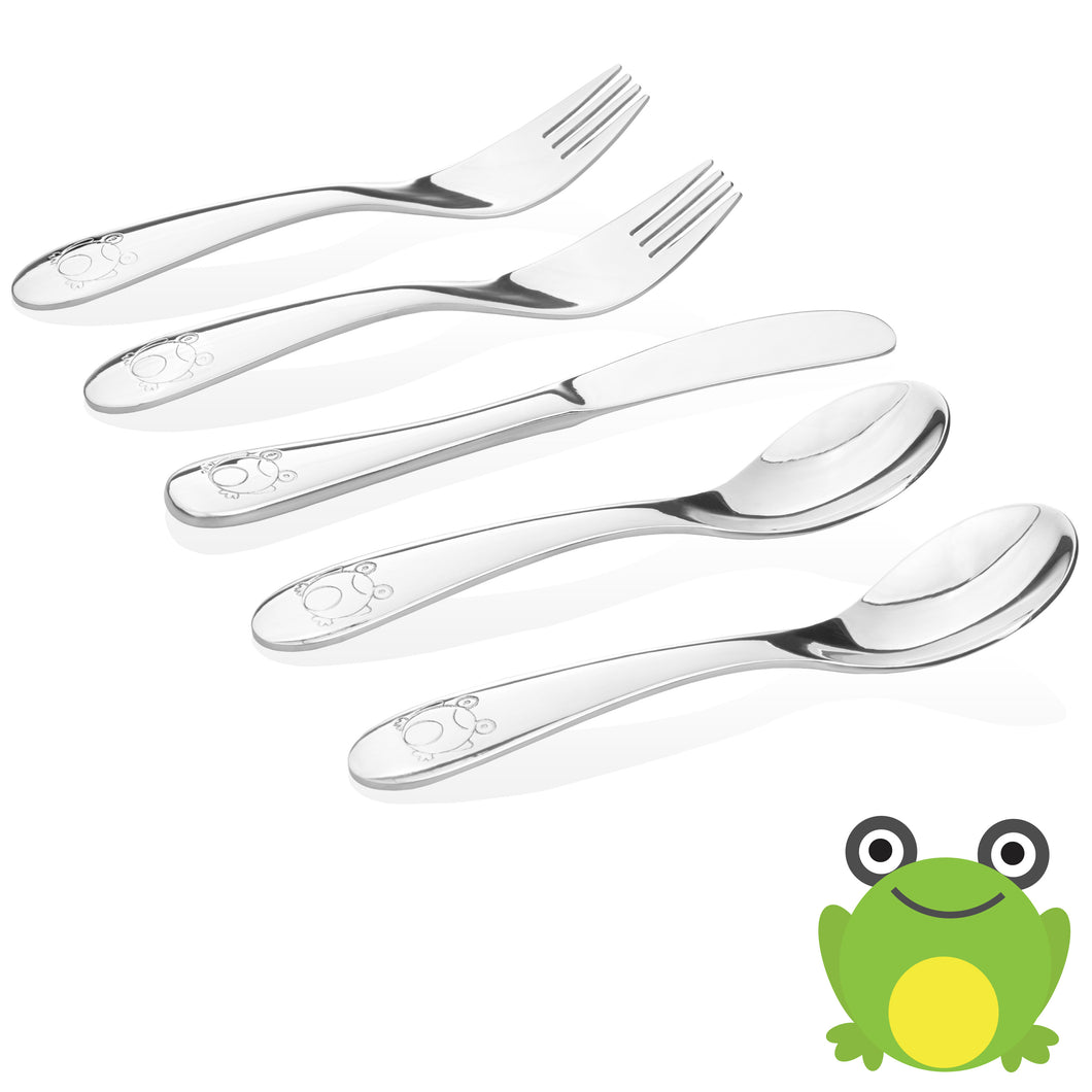 Stainless steel flatware set for kids consists of two kids forks, two kids spoons, and a butter knife. They are made from mirror polished stainless steel 304 or 18/8 with smooth edges that are safe for kids. Frog engravings on the handles.