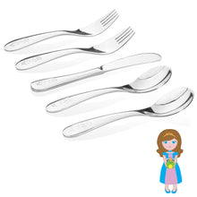 Load image into Gallery viewer, Safe stainless steel utensils for kids and toddlers- little princess model- 2 kids spoons, 2 kids forks,  1 butter knife.

